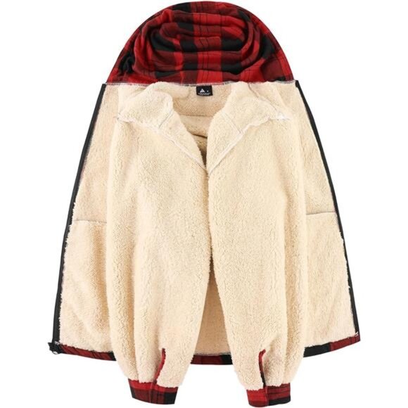 Men's Flannel Jacket Zip Up Fleece Sweatshirt Red - Picture 3 of 5